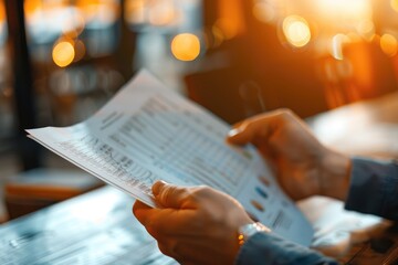 Naklejka premium A close-up of hands holding a detailed financial document with intricate charts, set against an elegant office background with sharp, realistic lighting