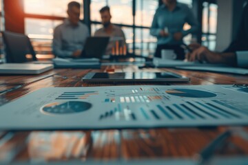 A group of financiers discussing investment strategies in a modern office, with detailed charts and graphs on the table, captured with high-quality, ultra-detailed photography