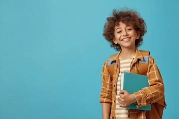 A smiling boy holding a book against a blue background.