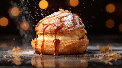 The food photography of decadent cream puff Delight. This exquisite dessert features delicate choux pastry filled with a luxurious vanilla cream.