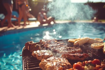 Grilling steaks and burgers by the pool