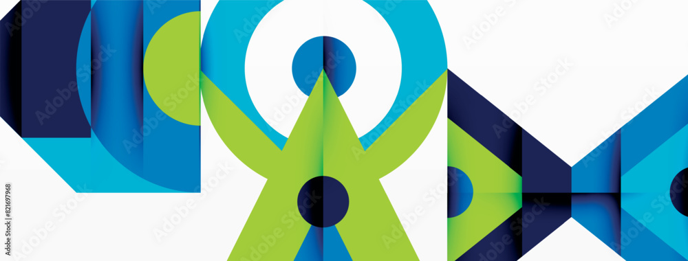 Poster the design features a white background with a geometric pattern in shades of blue and green, incorpo