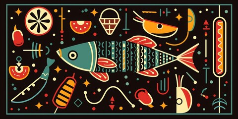 illustrated geometric pattern of a campfire with chilis and fish