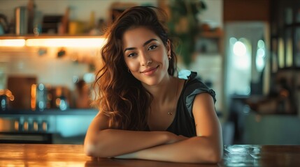 A woman smiling at the camera while sitting at a kitchen counter.