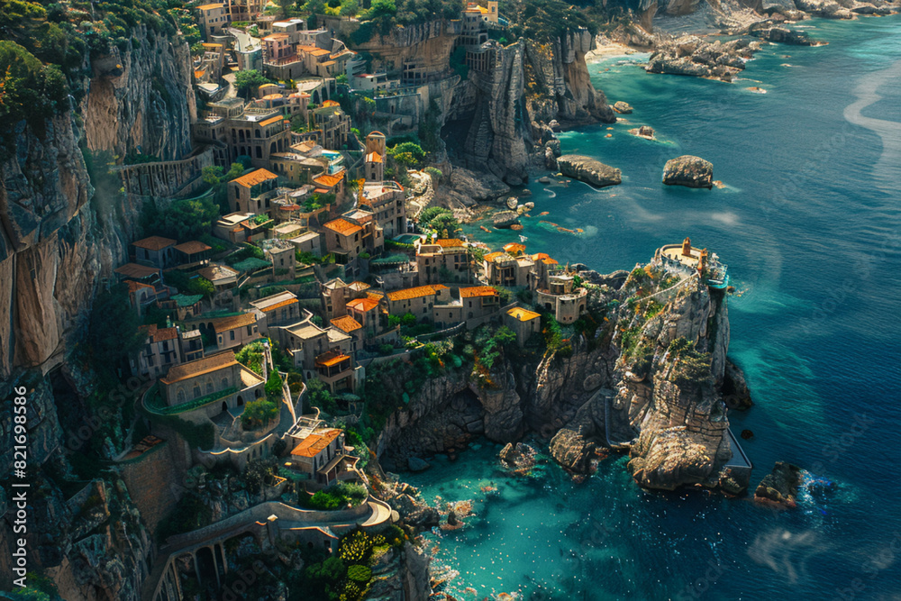 Wall mural a close aerial shot of a small city perched on cliffs overlooking the sea. the buildings cling to th - Wall murals