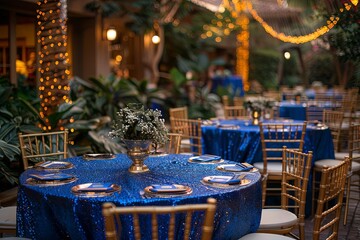 Elegant outdoor event setup with blue tablecloths, golden chairs, and warm ambient lighting surrounded by lush greenery and twinkling lights.