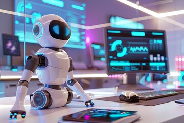 Futuristic robot sitting at a desk with modern technology displays in a high-tech office setting, showcasing innovation and AI advancements.