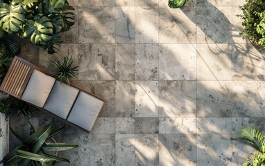 The photo shows a marble floor with a green plants