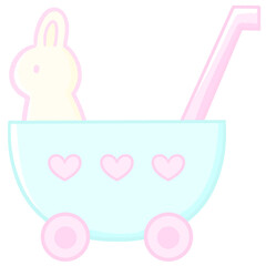 baby set wooden dolls pram with bunny illustration and cartoon style pastel baby toy isolated
