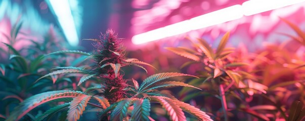 1 Lush cannabis plant in a hightech greenhouse, illuminated by vibrant neon lights, showcasing advanced agricultural technology, Futuristic, Neon