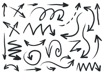 Charcoal hand draw arrows collection. Doodle chalk grunge arrows set. Brush strokes, artistic grunge vector arrows