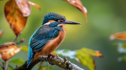 A colorful bird perched on a sunlit branch, surrounded by lush green leaves and delicate blossoms, with a clear blue sky in the background. - Powered by Adobe