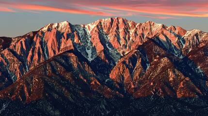   A stunning view of a mountain range at sunset, with two pink clouds in the sky