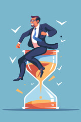 Businessman Jumping Over Hourglass with Checkmark, Efficient Time Management Concept