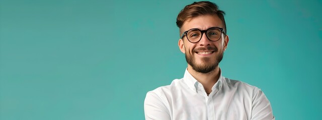 Smiling Young Executive in Casual Office Attire Exuding Confidence and Success