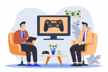 Businessman Offers Wireless Joystick to Client with Money, Representing Gaming Industry and Microtransactions