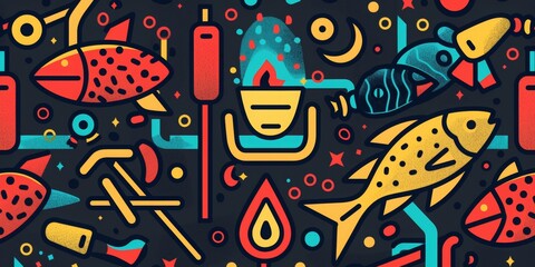 Naklejka premium illustrated geometric pattern of a campfire with chilis and fish