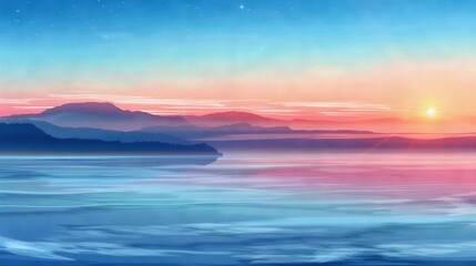 Obraz premium A stunning depiction of a sunset over a watery expanse with towering mountains in the background and a luminous celestial body above