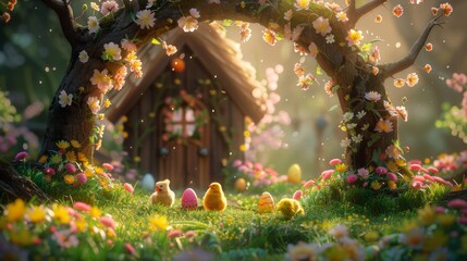 Enchanting spring garden with blooming flowers and cute ducklings surrounded by decorated Easter eggs in a whimsical generative ai scene