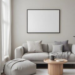 A minimalist living room with a white sofa, a wooden coffee table, and a large framed blank wall art. 3D Rendering