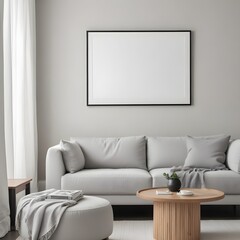 A minimalist living room with a white sofa, a wooden coffee table, and a large framed blank wall art. 3D Rendering