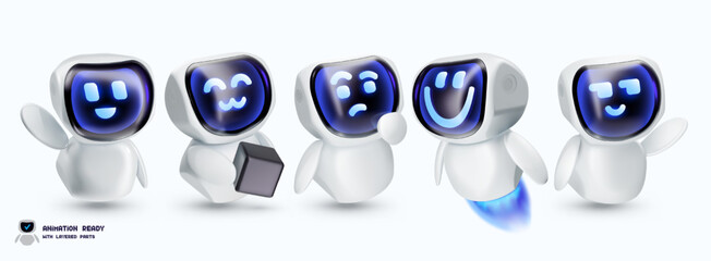 Friendly Al robot characters. Digital bot and smart assistant, futuristic android mascots, virtual companion vector 3D illustration set