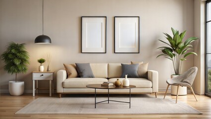 Minimalist Living Room Frame Mockup – Black and White Frame: A clean and minimalist living room with a black and white frame on a neutral wall, ideal for modern art displays.
