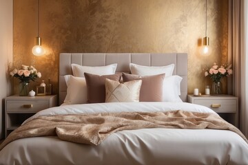 bedroom interior, bed, bedding, stylish pillows, vase with flowers, bedside table, lamp, Textured gold wall
