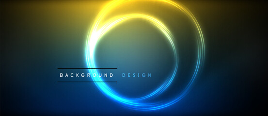 Neon glowing circle rays, light round lines in the dark, planet style neon wave lines. Energetic electric concept design for wallpaper, banner, background