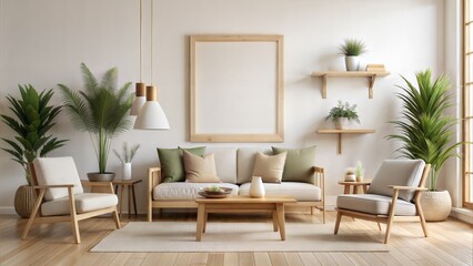 Scandinavian Living Room Frame Mockup – Pine Wood Frame: A Scandinavian-style living room with a pine wood frame on a white wall, suitable for natural and minimalist decor.
