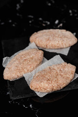 Frozen chicken meat cutlets on dark black background, semi-finished, ready for cooking. Convenience and homemade frozen healthy meals.