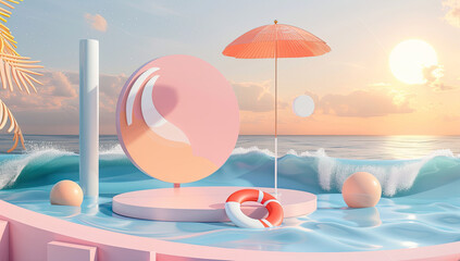 A summer-themed stage design with beach elements like an umbrella, sandal and pool float in the background. Created with Ai