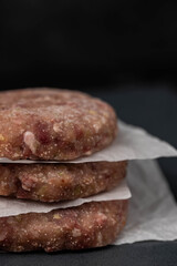 Frozen meat cutlets on dark black background, semi-finished, ready for cooking. Convenience and homemade frozen healthy meals.