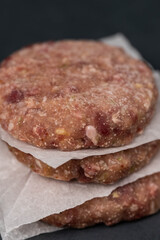 Frozen meat cutlets on dark black background, semi-finished, ready for cooking. Convenience and homemade frozen healthy meals.