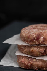 Frozen meat cutlets on dark black background, semi-finished, ready for cooking. Convenience and homemade frozen healthy meals.