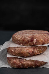 Frozen meat cutlets on dark black background, semi-finished, ready for cooking. Convenience and homemade frozen healthy meals.