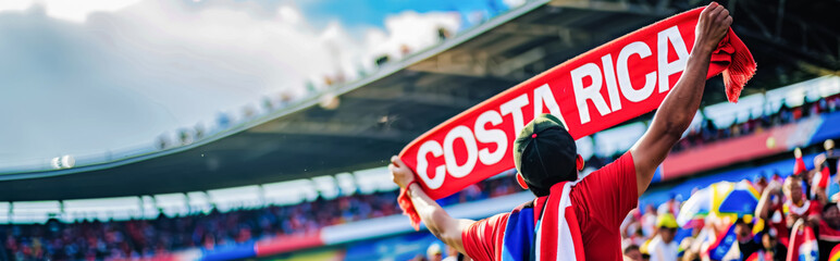 Costa Rican football soccer fans in a stadium supporting the national team, Ticos
