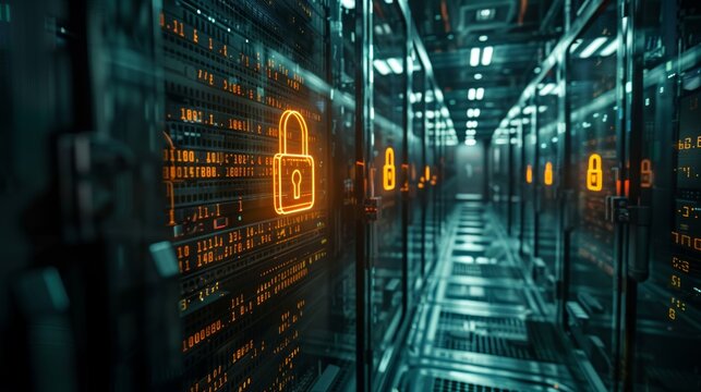 Secured Server Room with Glowing Padlocks