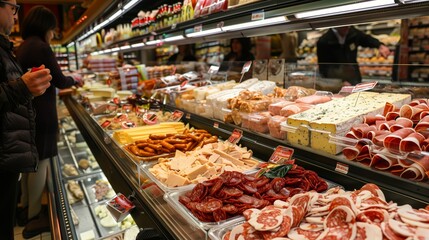 The deli section showcases beautifully arranged meats and cheeses, enticing shoppers to sample them.