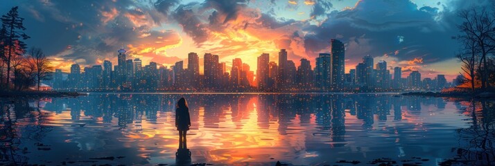 city skyline in the background at sunset, in the style of anime