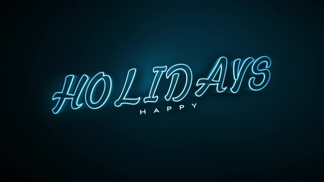 A vibrant blue neon sign reading Happy Holidays glows against a dark background, giving it a mesmerizing appearance of floating in the air