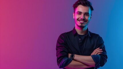 Obraz premium Smiling Young Software Engineer Working on Colorful Background