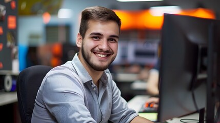 Smiling Young Technical Specialist Working at Computer Desk