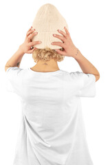 Woman wearing white t-shirt on white background, closeup, mockup for design