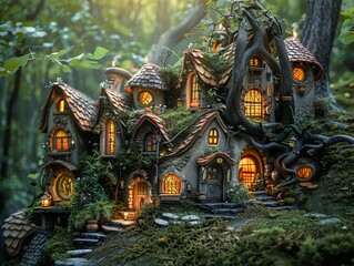 Fototapeta premium Capture the whimsical essence of hidden fairy villages nestled deep in enchanted forests Create a vibrant and detailed frontal view that brings the 