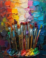 Create a captivating high-angle view image of an array of paintbrushes on a palette, each brush saturated with different emotions depicted through a spectrum of colors The composition