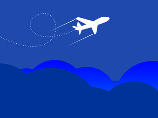 Travel concept illustration in vector. The plane flies and leaves a trail line. Summer vacation background.