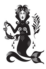 Mermaid with small fish, black and white graphic illustration, nymph