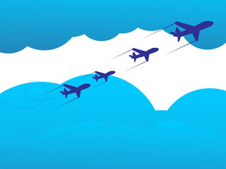 Travel concept illustration in vector. The plane flies and leaves a trail line. Summer vacation background.