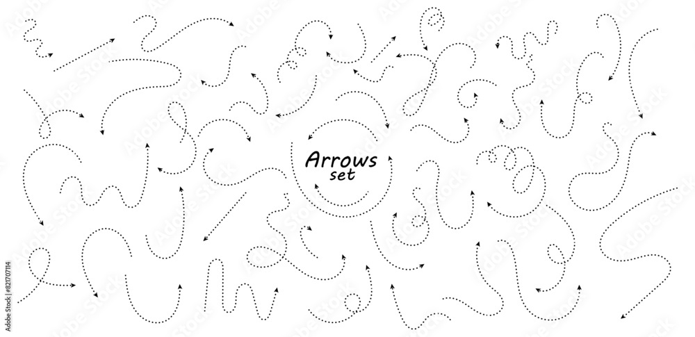 Poster set of hand drawn thin dash line arrows. collection of curved pointers. black dot vector pointers po